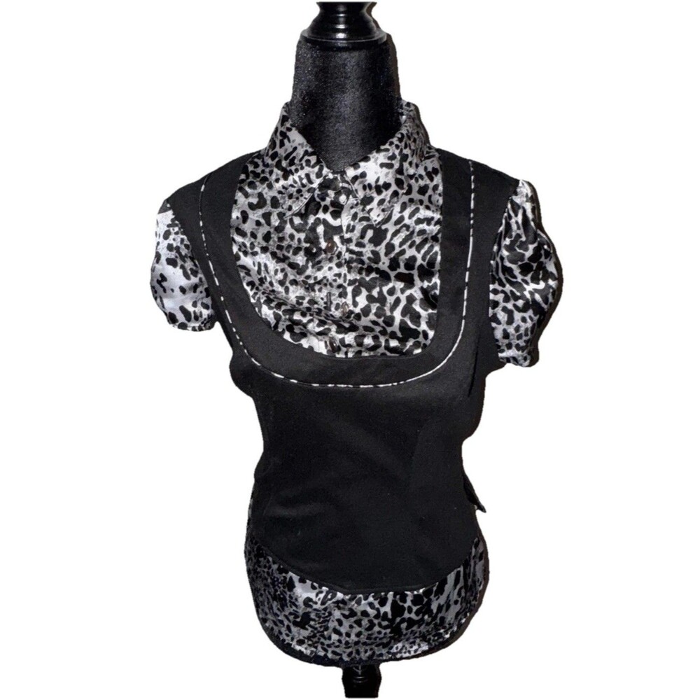 Small Black & Animal Print Overlay Short Sleeve Collared Pullover Blouse